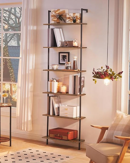 HOOBRO DIY Ladder Shelf, 6-Tier Wall Mounted Bookshelf, Office Vertical Bookcase, Wooden Storage Shelves for Home Office, Bedroom, Rustic Brown and Black BF65CJ01 - LeafyLoom