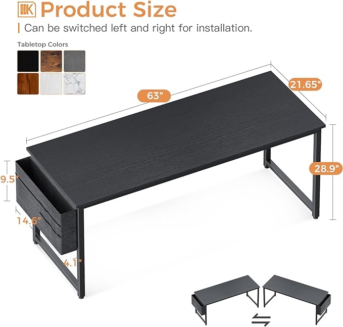 ODK Computer Desk Large Office Desk, 63 Inch Gaming Desk with Storage, Modern PC Desk Work Table with Headphone Hook for Home Office, Black - LeafyLoom