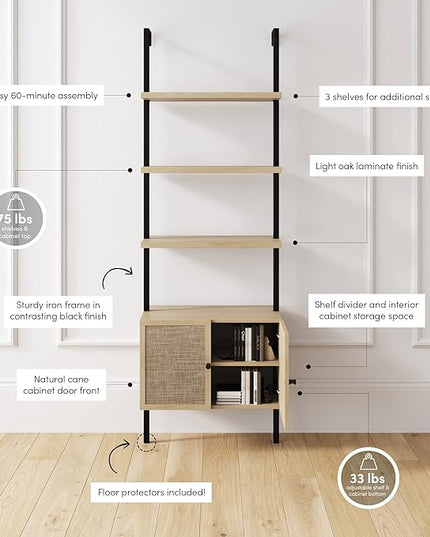 Nathan James Theo Ladder 3 tier Open Bookshelf with Rattan Drawers and Matte Steel Frame, Light Oak/Black - LeafyLoom