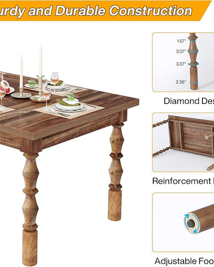 Tribesigns 62” Wood Dining Table for 4-6 People, Farmhouse Large Rectangle Kitchen Table, Dinner Table Kitchen & Dining Room Furniture with Carved Turned Legs - LeafyLoom