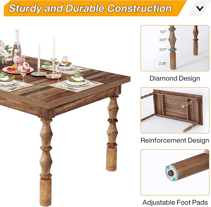 Tribesigns 62” Wood Dining Table for 4-6 People, Farmhouse Large Rectangle Kitchen Table, Dinner Table Kitchen & Dining Room Furniture with Carved Turned Legs - LeafyLoom