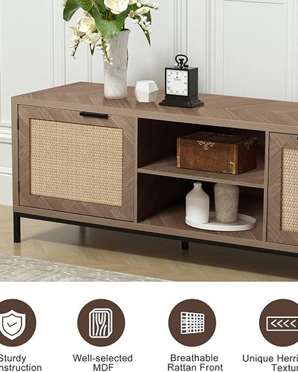 Anmytek Rattan TV Stand for 65 Inch TV Mid Century Modern Entertainment Center with Natural Rattan Door & Herringbone Texture Large TV Console Table for Living Room, Natural Oak - LeafyLoom