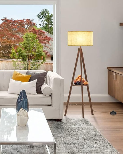 LEPOWER Tripod Floor Lamp, Mid Century Wood Standing Lamp, Modern Design Shelf Floor Lamp for Living Room, Bedroom, Office, Flaxen Lamp Shade with E26 Lamp Base Dark Brown - LeafyLoom