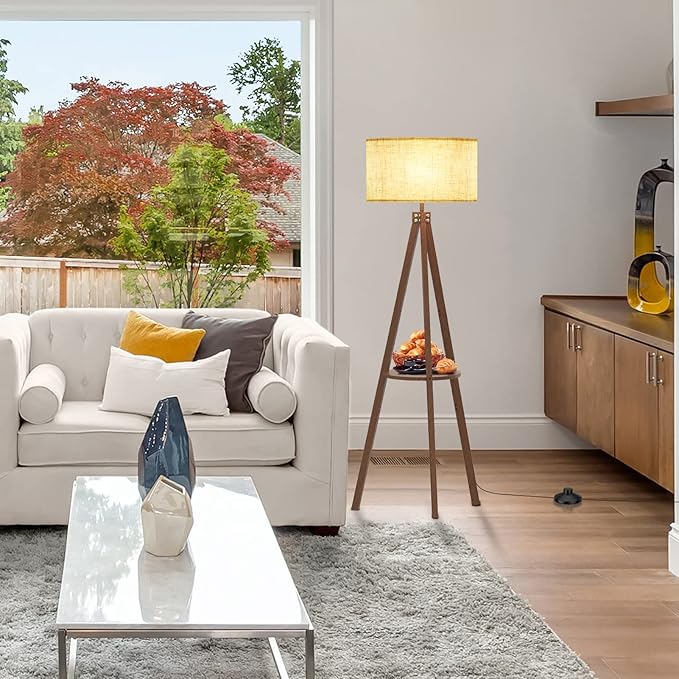 LEPOWER Tripod Floor Lamp, Mid Century Wood Standing Lamp, Modern Design Shelf Floor Lamp for Living Room, Bedroom, Office, Flaxen Lamp Shade with E26 Lamp Base Dark Brown - LeafyLoom