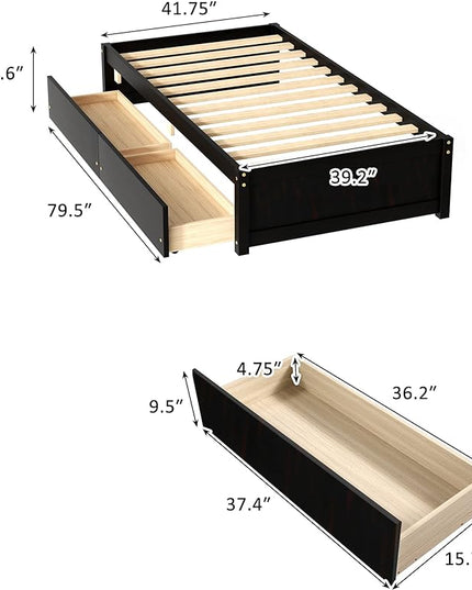 Twin Bed with 2 Storage Drawers, Solid Pinewood Twin Size Bed Frame,for Boys/Girls/Teens Bedroom, Easy to Assemble, No Box Spring Needed,Espresso - LeafyLoom