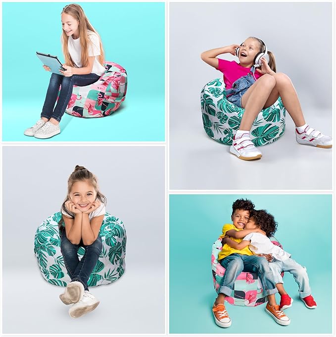2 Pcs Bean Bag Chair for Kids 24" Empty Bean Bag with Carrying Handle Removable Washable Canvas Storage Bean Bag for Organizing Toy Room Decor(Tropical) - LeafyLoom