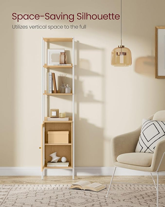 VASAGLE 6-Tier Bookcase, Slim Bookshelf with PC Door, Freestanding Storage Shelf with Metal Frame, Adjustable Shelf, for Living Room, Oak Beige and Pearl White ULLS123W57 - LeafyLoom