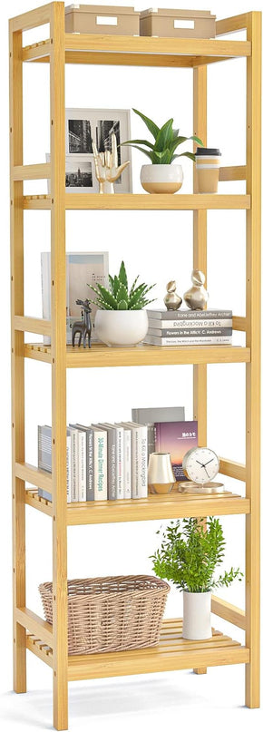 Homykic Bamboo Bookshelf, 5-Tier Narrow 55.9” Adjustable Book Shelf Bookcase Bathroom Shelves Freestanding Storage Stand for Living Room, Bedroom, Kitchen, Rust Resistance, Easy Assembly, Natural - LeafyLoom