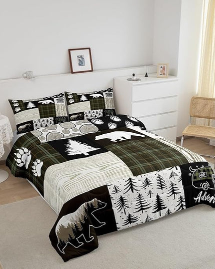 Bear Comforter Set Full Size,Pine Trees Animals Hunting Bedding Set for Kids Boys Girls Adults Room Decor,Camping Adventure Rustic Farmhouse Down Comforter,Green Plaids Duvet Insert,2 Pillowcases - LeafyLoom