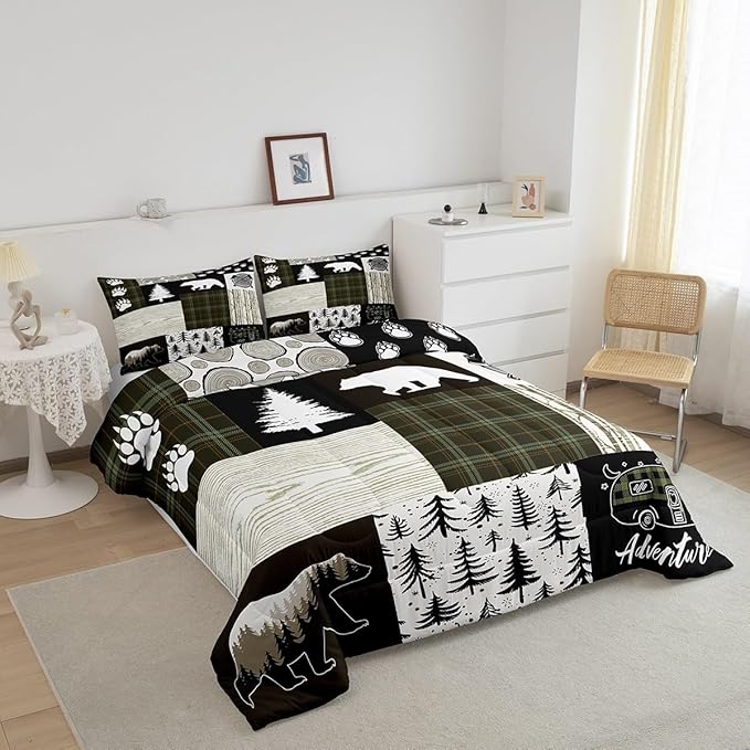 Bear Comforter Set Full Size,Pine Trees Animals Hunting Bedding Set for Kids Boys Girls Adults Room Decor,Camping Adventure Rustic Farmhouse Down Comforter,Green Plaids Duvet Insert,2 Pillowcases - LeafyLoom