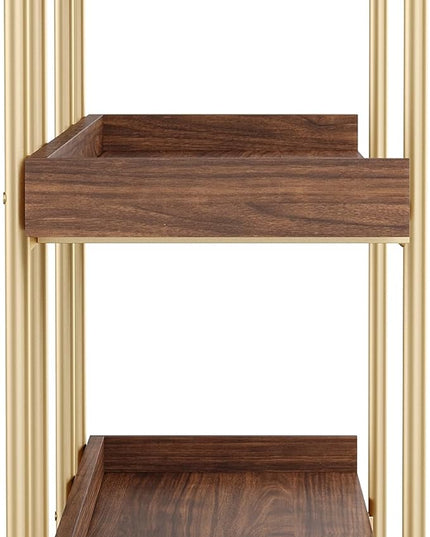 Martha Stewart Emmett 3 Shelf Bookcase with Vertical Metal Frame, Home Office Storage Display Unit, 35"H, Walnut Wood Grain/Polished Brass - LeafyLoom