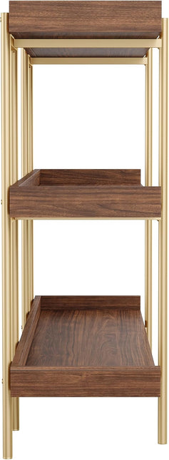 Martha Stewart Emmett 3 Shelf Bookcase with Vertical Metal Frame, Home Office Storage Display Unit, 35"H, Walnut Wood Grain/Polished Brass - LeafyLoom