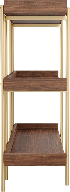 Martha Stewart Emmett 3 Shelf Bookcase with Vertical Metal Frame, Home Office Storage Display Unit, 35"H, Walnut Wood Grain/Polished Brass - LeafyLoom