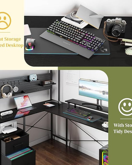 Yoobure L Shaped Desk with Pegboard, Reversible Gaming Desk with LED Lights & Power Outlets, Computer Desk with Drawers & Storage Shelves, Office Desk with Monitor Stand Corner Desk Home Office Desks - LeafyLoom