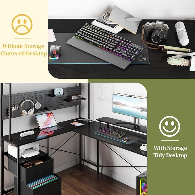 Yoobure L Shaped Desk with Pegboard, Reversible Gaming Desk with LED Lights & Power Outlets, Computer Desk with Drawers & Storage Shelves, Office Desk with Monitor Stand Corner Desk Home Office Desks - LeafyLoom