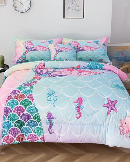 ADASMILE A & S 6 Pieces Mermaid Comforter Twin for Girls Kids Mermaid Bedding Fish Scale with Starfish Turtle Printed Bed in a Bag Comforter and Sheet Set Rainbow Mermaid Scale Bedding Home Decor - LeafyLoom