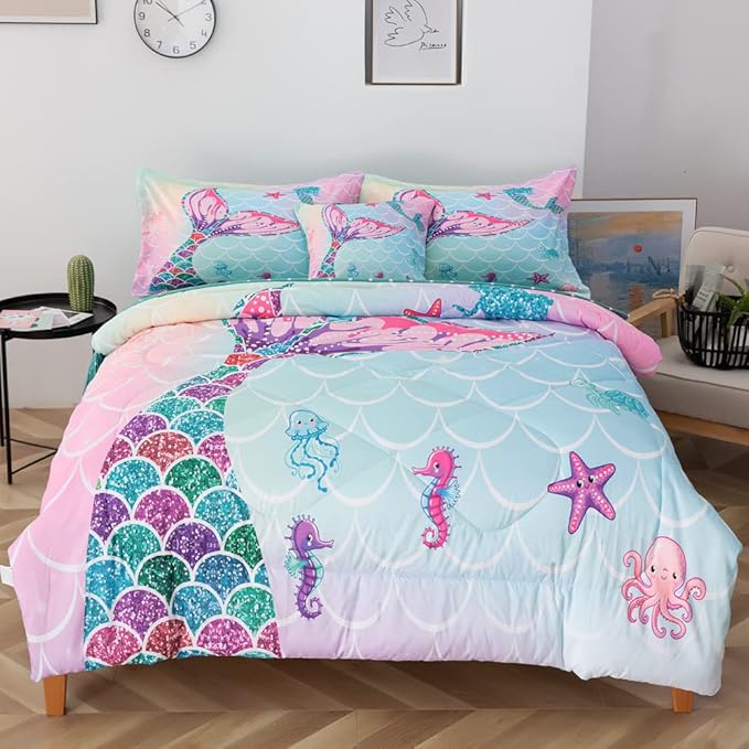 ADASMILE A & S 6 Pieces Mermaid Comforter Twin for Girls Kids Mermaid Bedding Fish Scale with Starfish Turtle Printed Bed in a Bag Comforter and Sheet Set Rainbow Mermaid Scale Bedding Home Decor - LeafyLoom