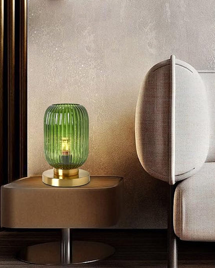Glass Table Lamps Mid Century Modern Globe Table lamp Gold Desk lamp nightstand lamp with Green Pumpkin Design Ribbed Glass Bedside Table Lamp for Bedroom Living Room Office - LeafyLoom