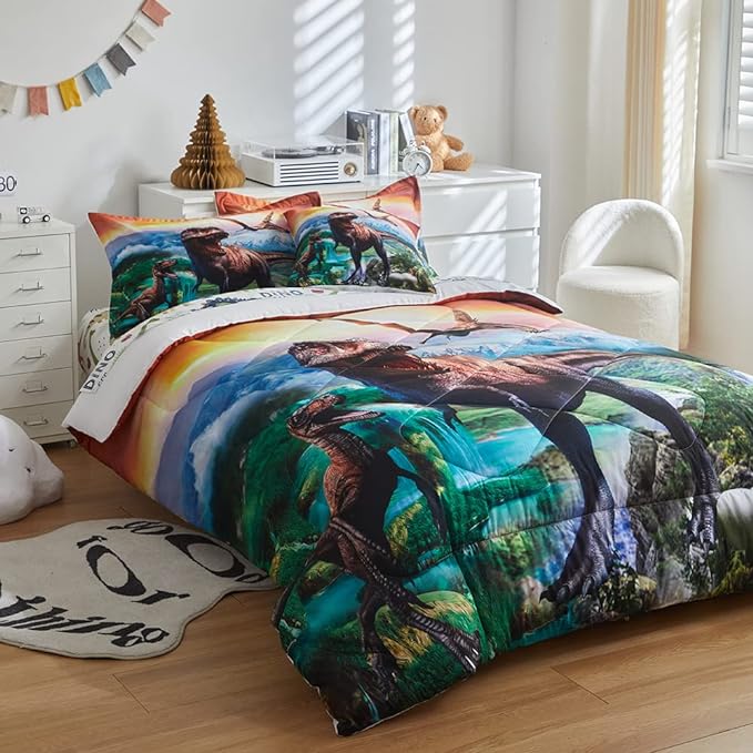 ADASMILE A & S Dinosaur Comforter Set Twin for Boys Dinosaur Twin Bedding Set for Kids 6 Pieces Dinosaur Comforter Set with Sheets Bed in A Bag T-Rex Dinosaur Comforter and Sheets Set for Home Decor - LeafyLoom