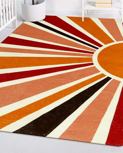 Boho Washable Rug 4'x6' Rug Kids Area Rug for Playroom, Non-Slip Kids Rug for Bedroom, Rainbow Orange Sun Carpet Soft Throw Sunshine Rug for Office Nursery Entryway Dorm - LeafyLoom