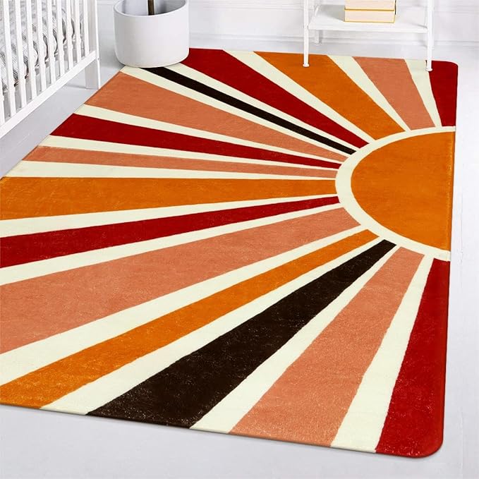 Boho Washable Rug 4'x6' Rug Kids Area Rug for Playroom, Non-Slip Kids Rug for Bedroom, Rainbow Orange Sun Carpet Soft Throw Sunshine Rug for Office Nursery Entryway Dorm - LeafyLoom