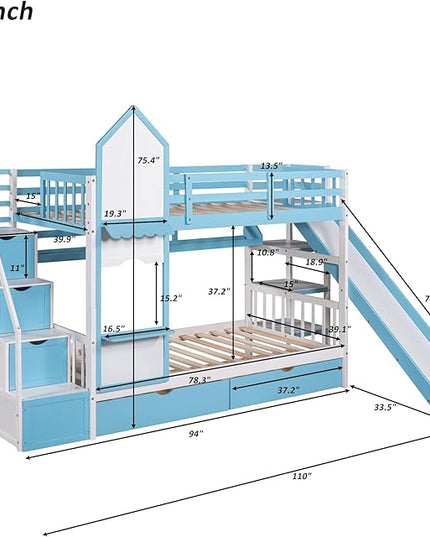 Twin Bunk Bed Castle with Slide, Stairs with Storage, Two Drawers, Solid Wood Bunkbeds Frame w/Shelves and Staircase, for Kids/Teens/Boys/Girls Bedroom, Blue - LeafyLoom