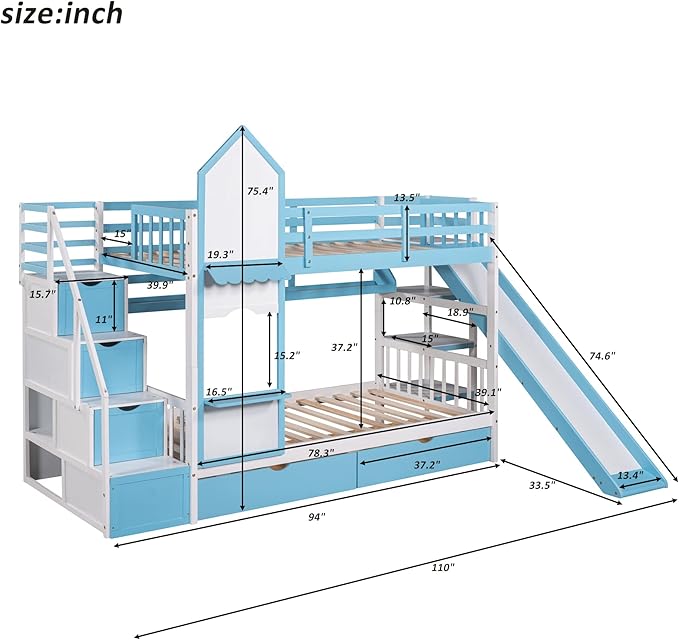 Twin Bunk Bed Castle with Slide, Stairs with Storage, Two Drawers, Solid Wood Bunkbeds Frame w/Shelves and Staircase, for Kids/Teens/Boys/Girls Bedroom, Blue - LeafyLoom