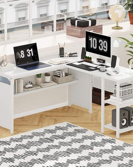 FATORRI L Shaped Computer Desk, Reversible Modern Corner Desk for Home Office, Rustic Wood and Metal Desk with Storage, White Oak (59 Inch) - LeafyLoom