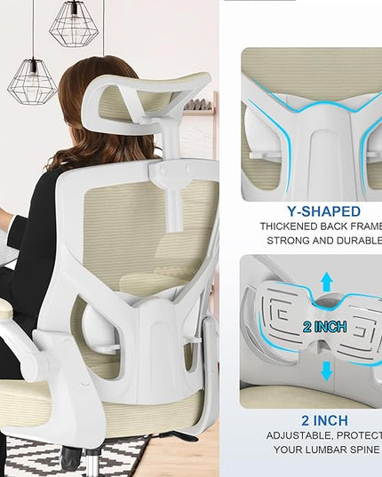 𝑯𝑶𝑴𝑬 𝑶𝑭𝑭𝑰𝑪𝑬 𝑪𝑯𝑨𝑰𝑹, Ergonomic Mesh Desk Chair, High Back Computer Chair- Adjustable Headrest with Flip-Up Arms, Lumbar Support, Swivel Executive Task Chair (Modern, Beige) - LeafyLoom