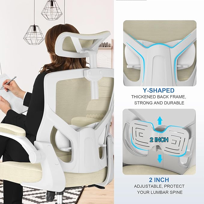 𝑯𝑶𝑴𝑬 𝑶𝑭𝑭𝑰𝑪𝑬 𝑪𝑯𝑨𝑰𝑹, Ergonomic Mesh Desk Chair, High Back Computer Chair- Adjustable Headrest with Flip-Up Arms, Lumbar Support, Swivel Executive Task Chair (Modern, Beige) - LeafyLoom