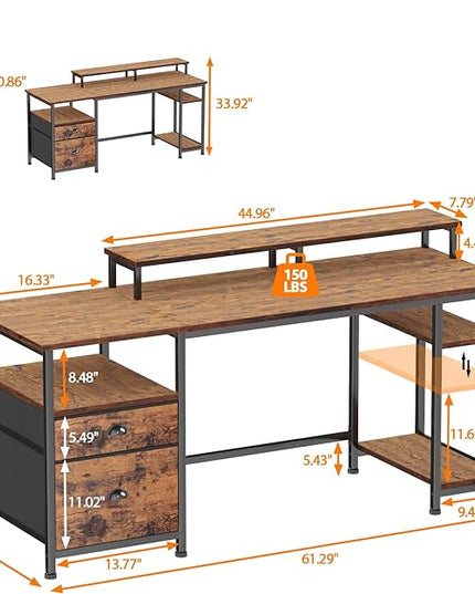 Furologee Computer Desk with Shelves and Drawer, 61" Long Desk with Fabric File Drawer, Industrial Writing Desk with Large Monitor Stand, Study Table Workstation for Home Office, Rustic Brown - LeafyLoom