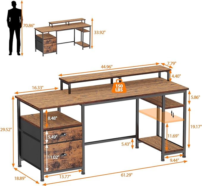 Furologee Computer Desk with Shelves and Drawer, 61" Long Desk with Fabric File Drawer, Industrial Writing Desk with Large Monitor Stand, Study Table Workstation for Home Office, Rustic Brown - LeafyLoom