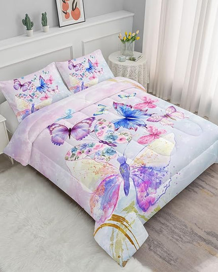 Datura home Watercolor Butterfly Comforter Bedding Set for Girls Kids Teens,Lightweight Colorful Floral Butterfly Printed Tie-dye with 2 Pillowcases(Watercolor Butterfly Twin),Butterfly Purple - LeafyLoom
