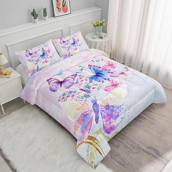Datura home Watercolor Butterfly Comforter Bedding Set for Girls Kids Teens,Lightweight Colorful Floral Butterfly Printed Tie-dye with 2 Pillowcases(Watercolor Butterfly Twin),Butterfly Purple - LeafyLoom