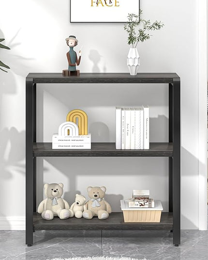 FOLUBAN Rustic Small Bookshelf and Bookcase, 3 Tier Low Short Book Shelf, Industrial Metal and Wood Book Case for Bedroom Living Room, Dark Gray - LeafyLoom
