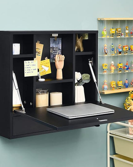 2 in 1 Foldable Tabletop, Folding Wall Mount Laptop Storage Compartments Space Saving Floating Desk, Black - LeafyLoom