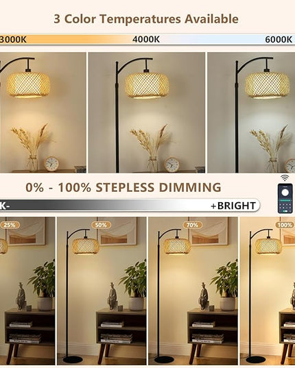Arc Floor Lamps, Bamboo Floor Lamp with Remote & Dimmable LED Bulb, Boho Rattan Pole Lamps with Bamboo & Fabric Shades, Rustic Standing Lamps for Living Room Bedroom Tall Reading Light - LeafyLoom