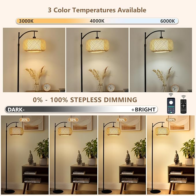 Arc Floor Lamps, Bamboo Floor Lamp with Remote & Dimmable LED Bulb, Boho Rattan Pole Lamps with Bamboo & Fabric Shades, Rustic Standing Lamps for Living Room Bedroom Tall Reading Light - LeafyLoom