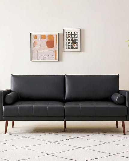 Vonanda Faux Leather Sofa Couch, Mid-Century 73 Inch 3 Seater Leather Couch with Wood Grain Metal Legs and Bolster Pillows for Living Room,Elegant Black - LeafyLoom