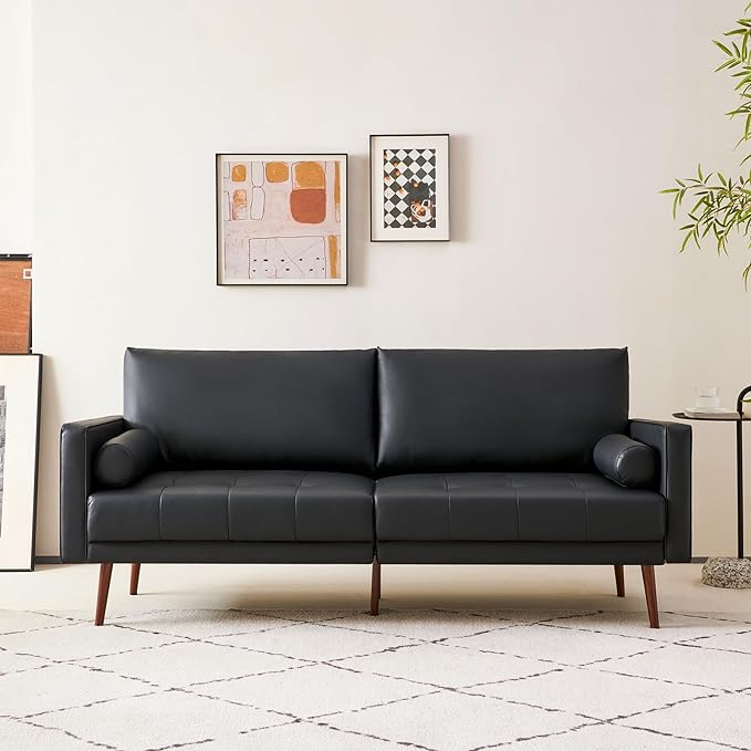 Vonanda Faux Leather Sofa Couch, Mid-Century 73 Inch 3 Seater Leather Couch with Wood Grain Metal Legs and Bolster Pillows for Living Room,Elegant Black - LeafyLoom