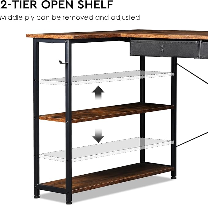 Ｍａｉｈａｉｌ Maihail Home Office Desk with Drawers and Shelves, 55” Computer Corner Desk for Small Space, Small L Shaped Desk with Side Storage for Bedroom, Rustic Brown - LeafyLoom