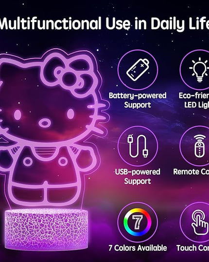 Kitty Night Light Room Decor Gift, Cute Birthday Gifts for Baby Girls Kids, Kitty LED Light for Bedroom Decorations, Kitty Lamp with Remote Control, Dimmer, Timer, RGB Light, 3D Cute Stickers - LeafyLoom