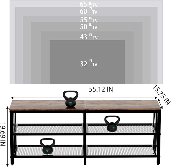 TV Stand for TV up to 65 Inch, Long 55" TV Cabinet with 3-Tier Storage Shelves,Entertainment Center TV Console Table for Living Room with Industrial TV Metal Frame, Rustic Brown - LeafyLoom