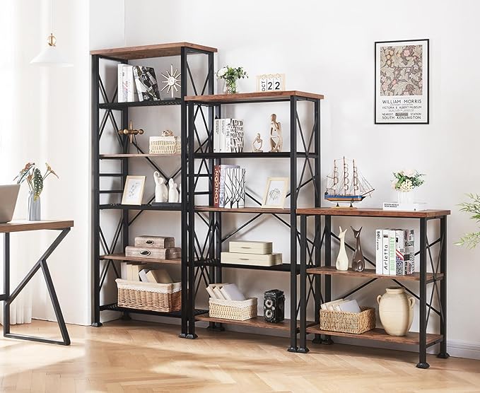 HOMBAZAAR Bookshelf, 6-Tier Industrial Bookshelf, Etagere Bookcases and Bookshelves, Tall Bookshelf Storage Organizer, Freestanding Bookshelf for Living Room, Bedroom and Home Office, Brown - LeafyLoom