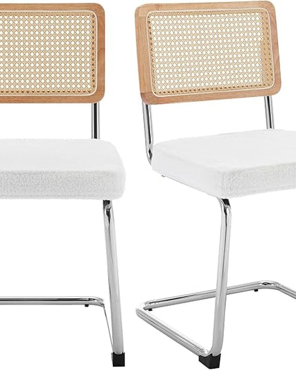 Rattan Dining Chairs Set of 2, Mid Century Modern Sherpa Dining Room Kitchen Chairs with Cane Back, Metal Chrome Legs, Upholstered Wicker Armless Accent Chairs, White - LeafyLoom