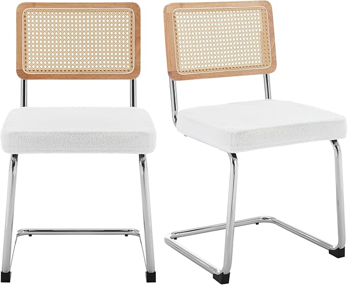 Rattan Dining Chairs Set of 2, Mid Century Modern Sherpa Dining Room Kitchen Chairs with Cane Back, Metal Chrome Legs, Upholstered Wicker Armless Accent Chairs, White - LeafyLoom