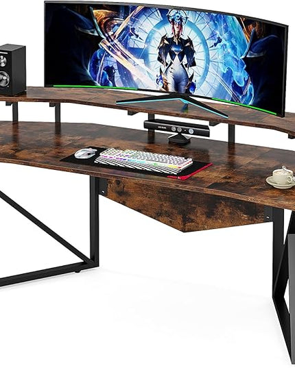 70.9" Large Computer Desk Home Office Desk Wing-Shaped Gaming Studio Desk, Rustic Brown - LeafyLoom