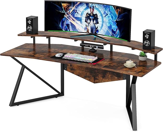 70.9" Large Computer Desk Home Office Desk Wing-Shaped Gaming Studio Desk, Rustic Brown - LeafyLoom