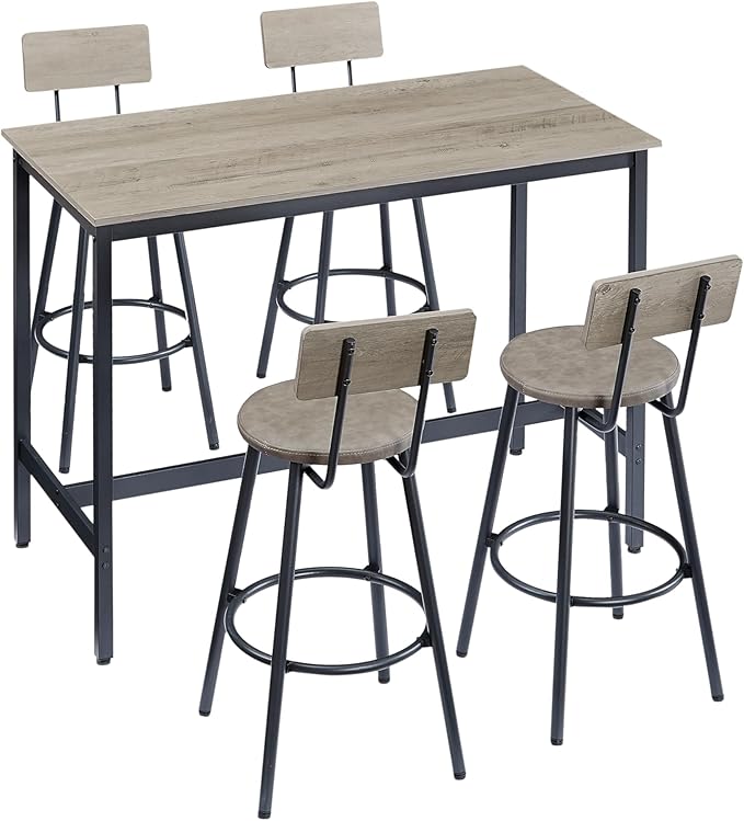 NicBex Dining Room Table Set for 4 Breakfast Nook Table Set Pub High Dining Table 5 Piece Set with 4 Pu Leather Bar Chairs for Kitchen Dining Room, Industrial Style, Grey - LeafyLoom