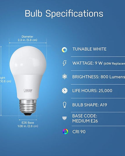 Feit Electric A19 Smart LED Light Bulb, 60W Equivalent, Tunable White, Alexa & Google Home Compatible, 2.4 GHz Wi-Fi, 90+ CRI, Non-Dimmable, 800 Lumens, 25,000-Hour Lifetime, OM60/CCT/CA/AG FeitElectricCompany
